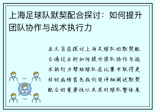 上海足球队默契配合探讨：如何提升团队协作与战术执行力